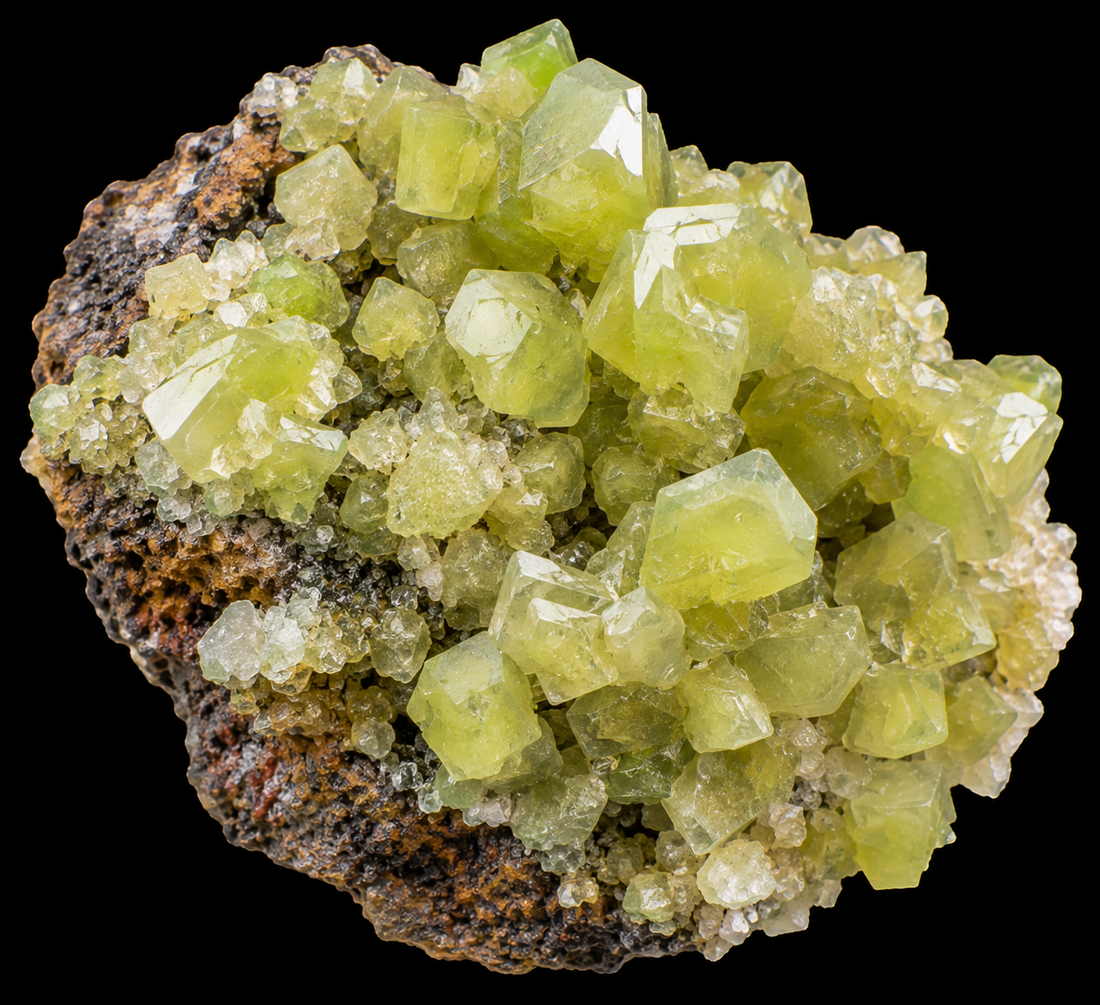 Adamite naturelle sur fond noir.