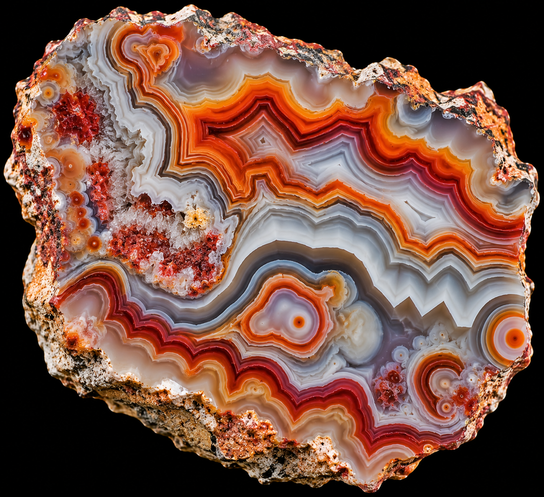 Agate Coyamito naturelle sur fond noir.