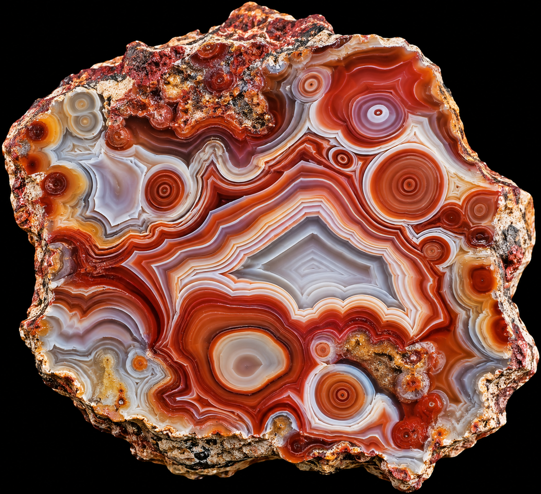 Agate Laguna naturelle sur fond noir.
