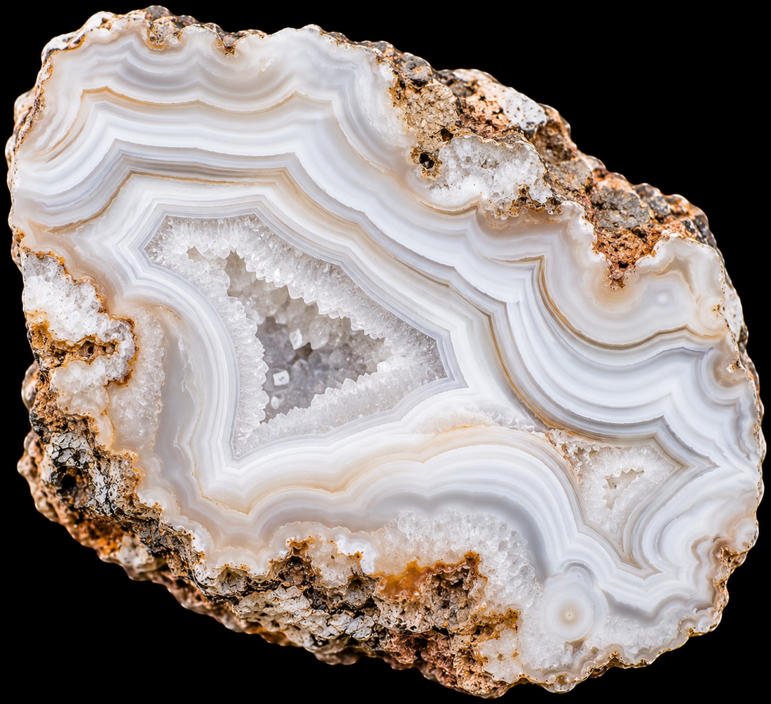 Agate blanche naturelle sur fond noir.