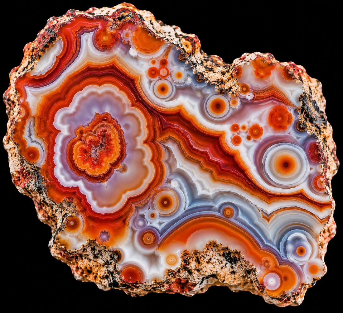 Agate de Bahia naturelle sur fond noir.