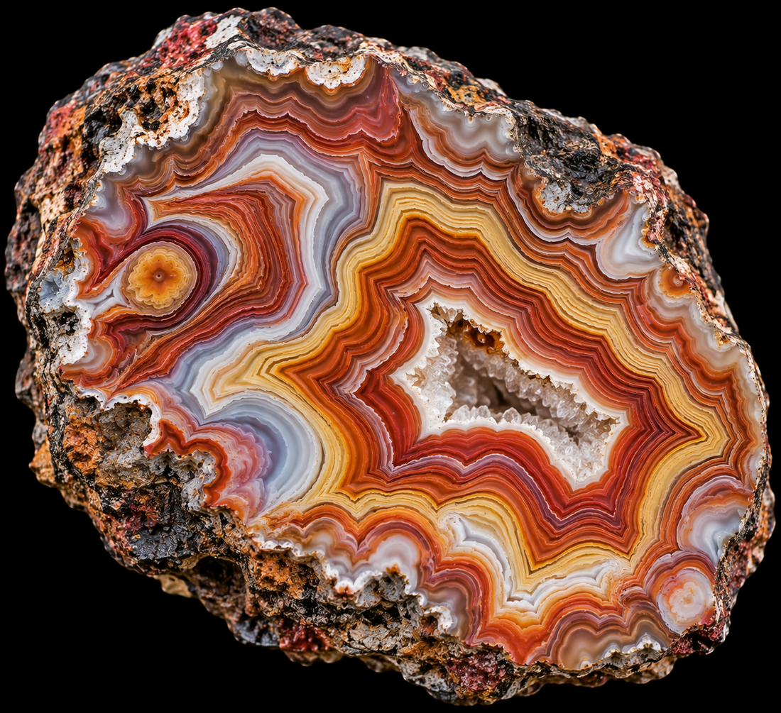 Agate de Dryhead naturelle sur fond noir.