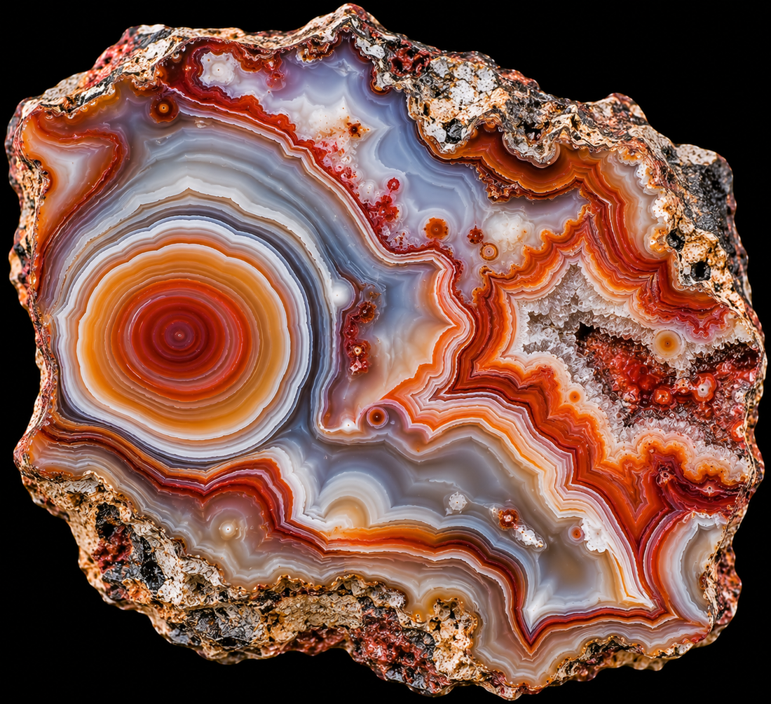 Agate de Fairburn naturelle sur fond noir.