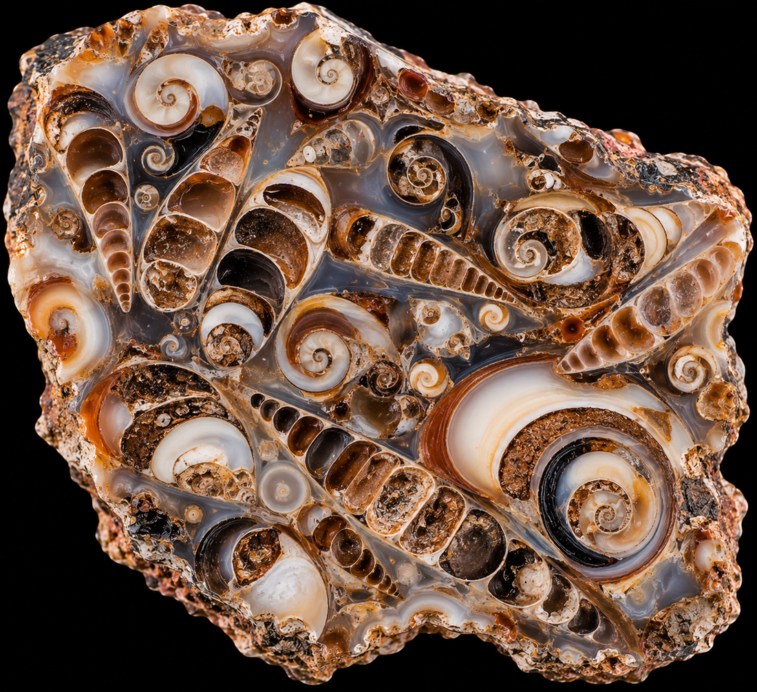 Agate de Turritella naturelle sur fond noir.
