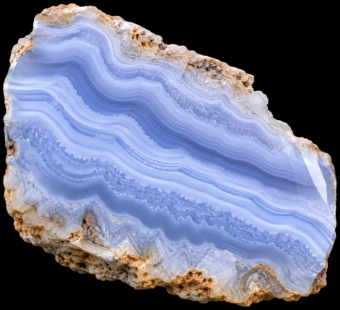 Agate dentelle bleue naturelle sur fond noir.