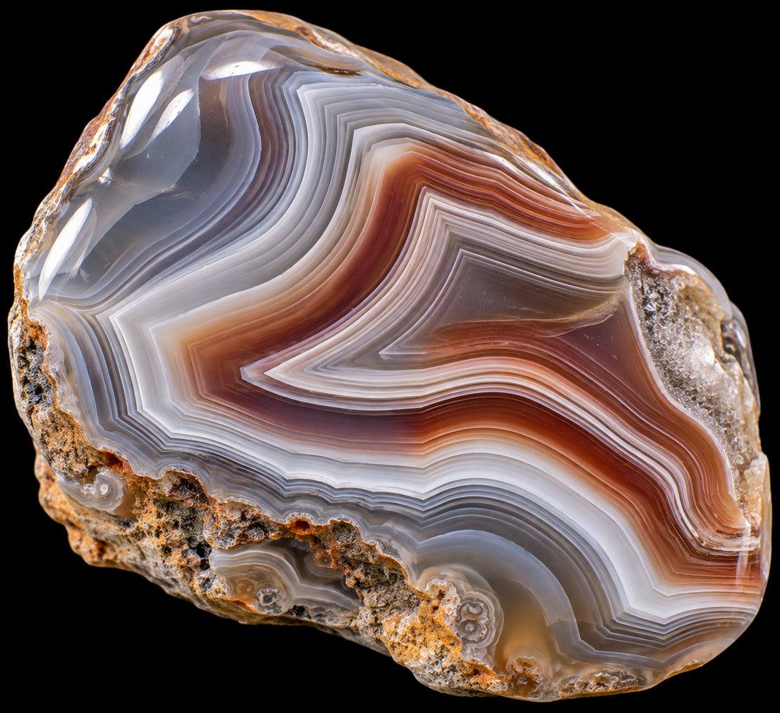 Agate du Botswana naturel sur fond noir.