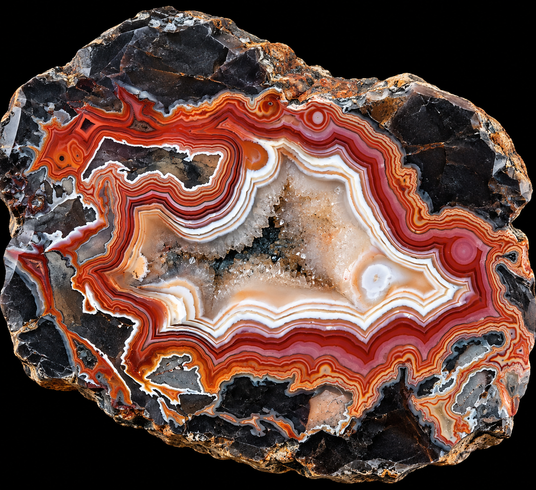 Agate du Montana naturelle sur fond noir.