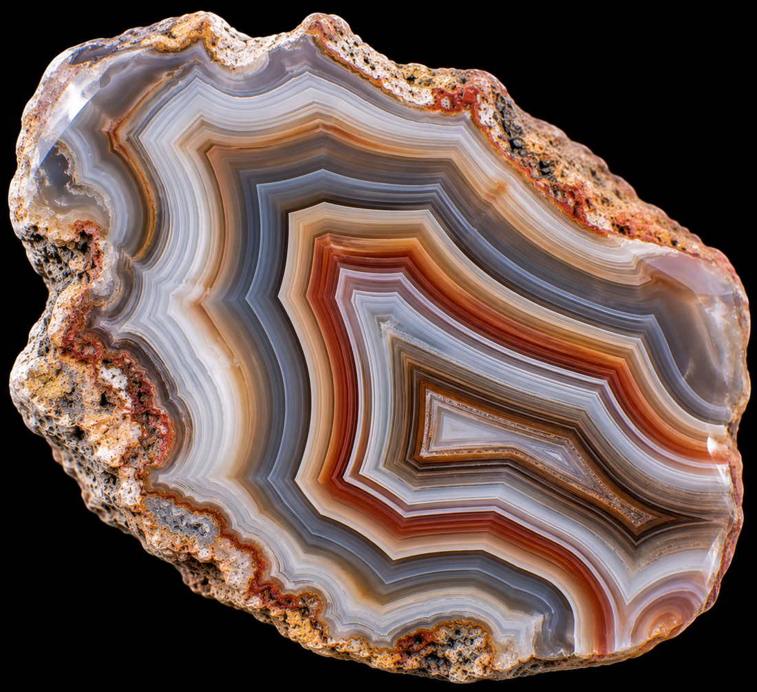 Agate fortification naturelle sur fond noir.