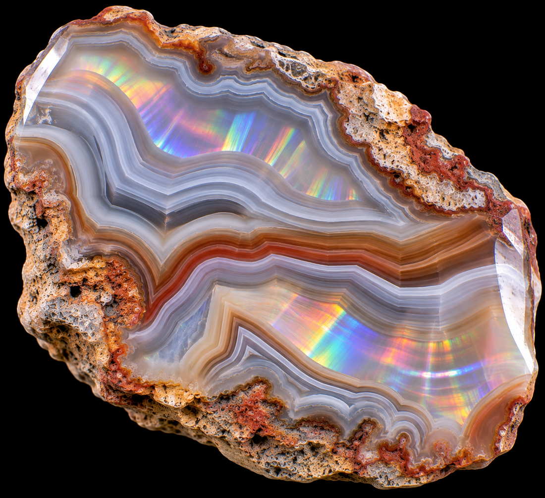 Agate iris naturelle sur fond noir.