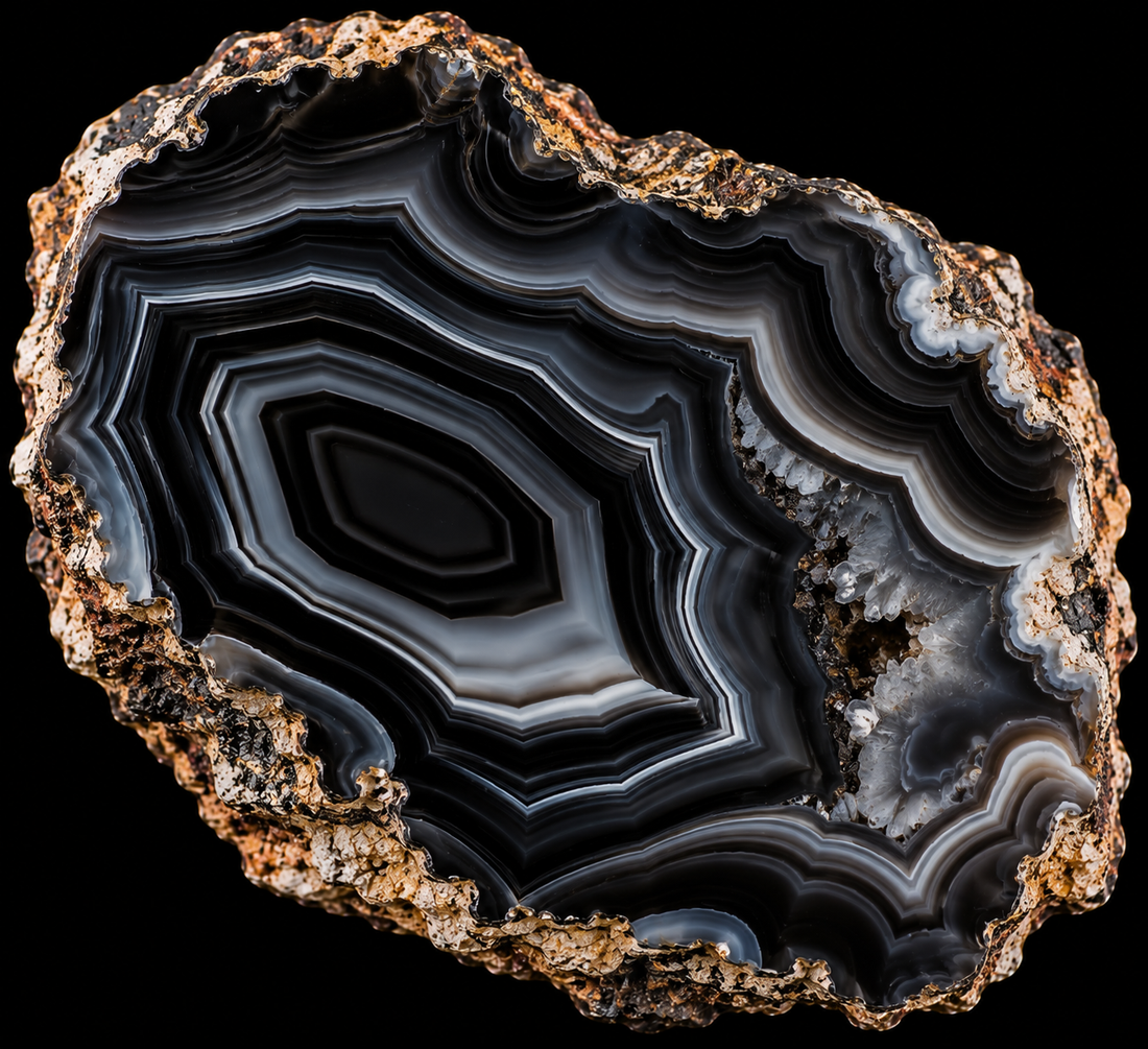 Agate noire naturelle sur fond noir.