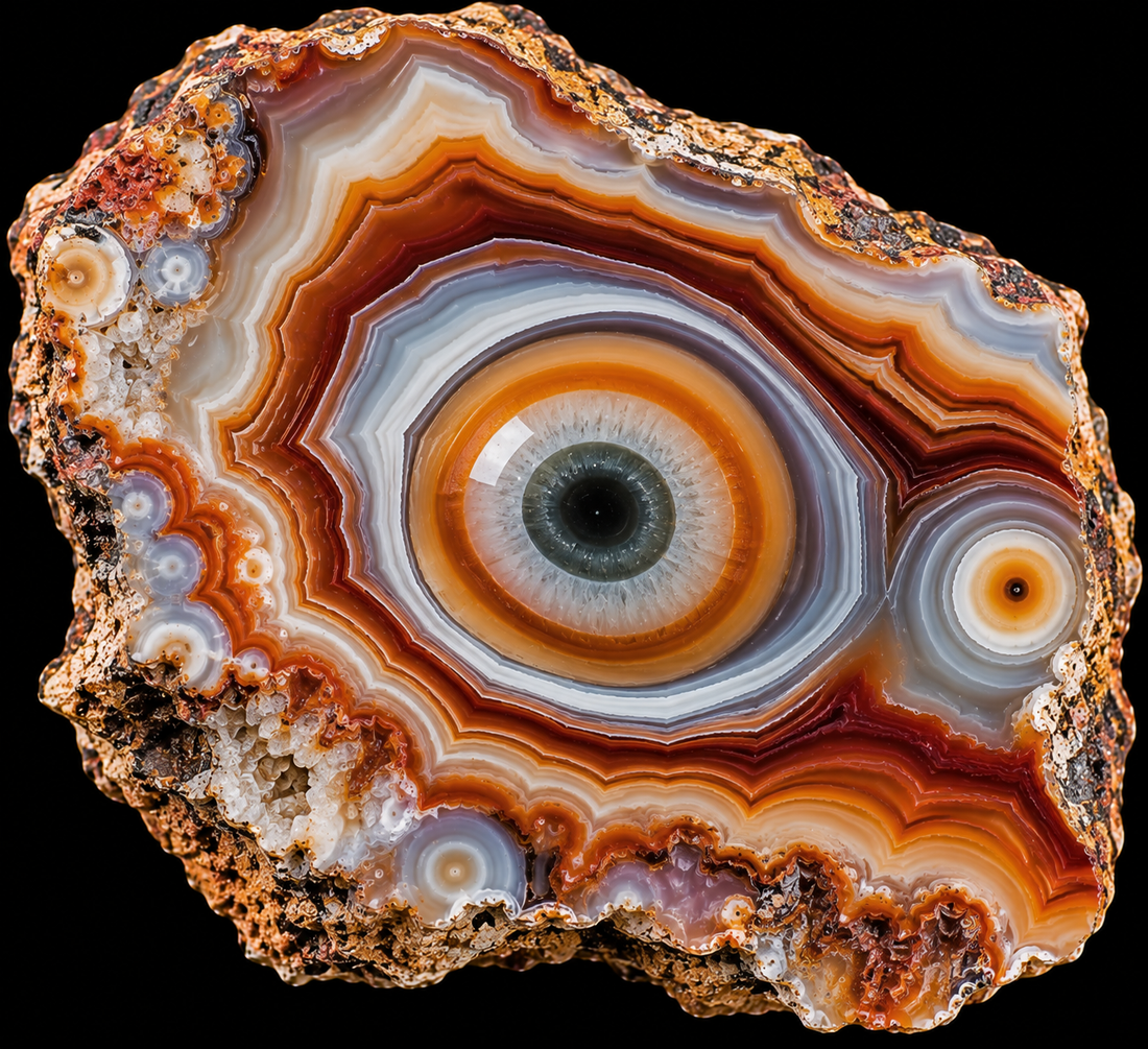 Agate œil naturelle sur fond noir.