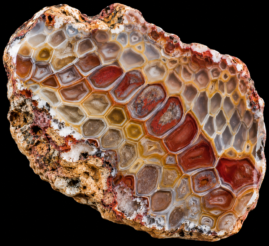 Agate peau de serpent naturelle sur fond noir.