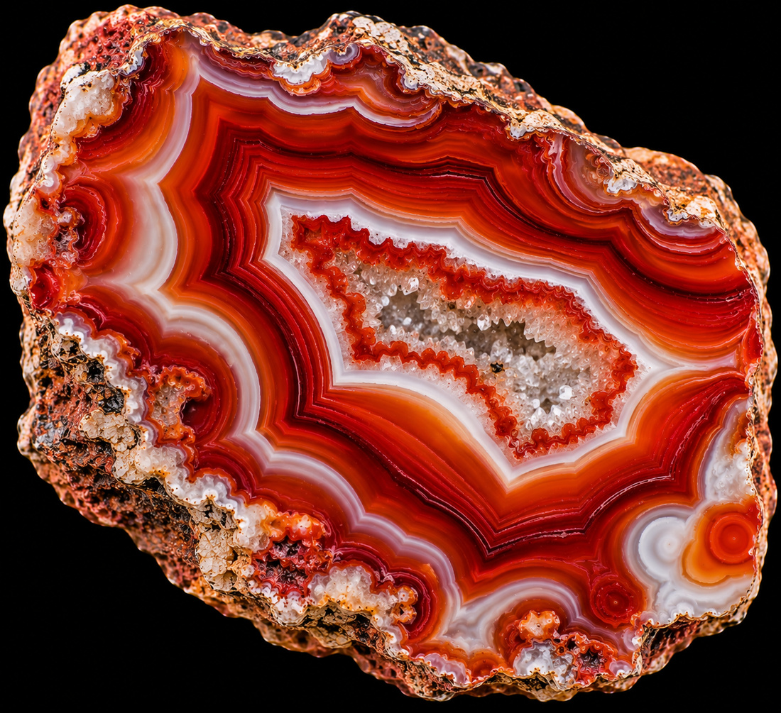 Agate rouge naturelle sur fond noir.