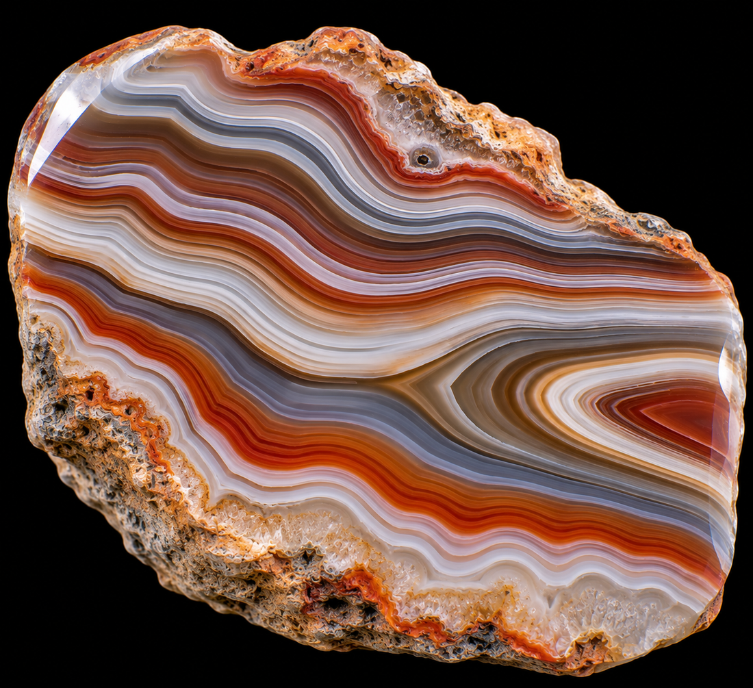 Agate rubanée naturelle sur fond noir.