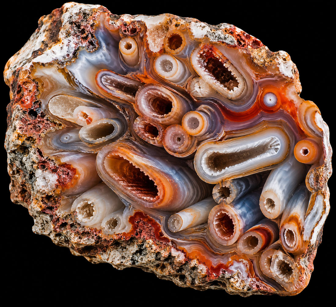 Agate tube naturelle sur fond noir.