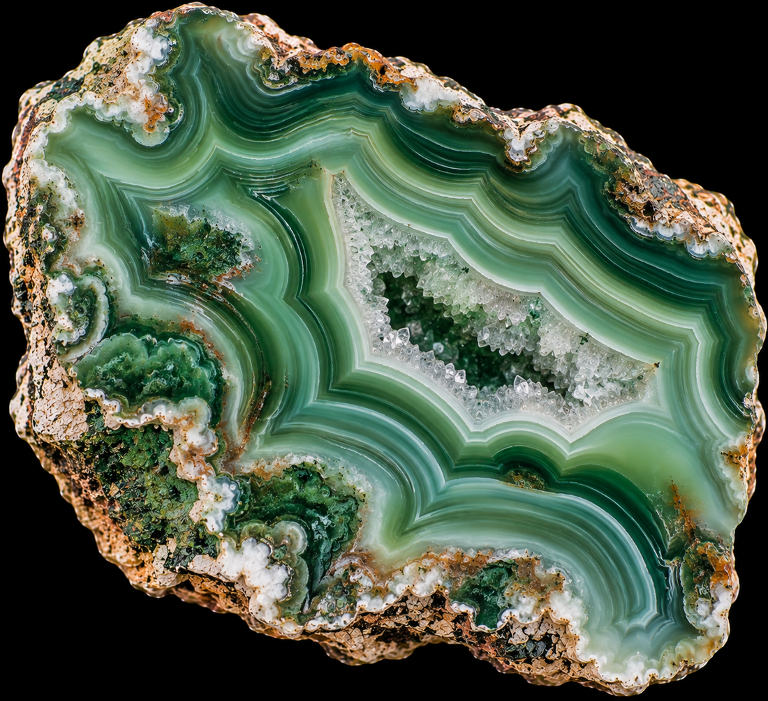 Agate verte naturelle sur fond noir.
