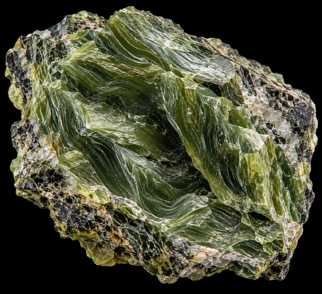 Antigorite naturelle sur fond noir.