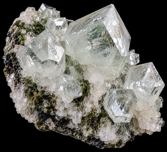 Apophyllite naturelle sur fond noir.