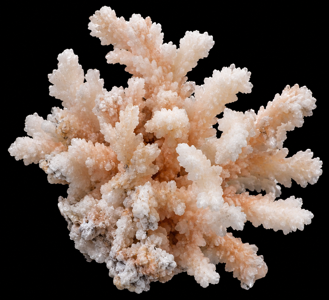 Aragonite coralloïde naturelle sur fond noir.