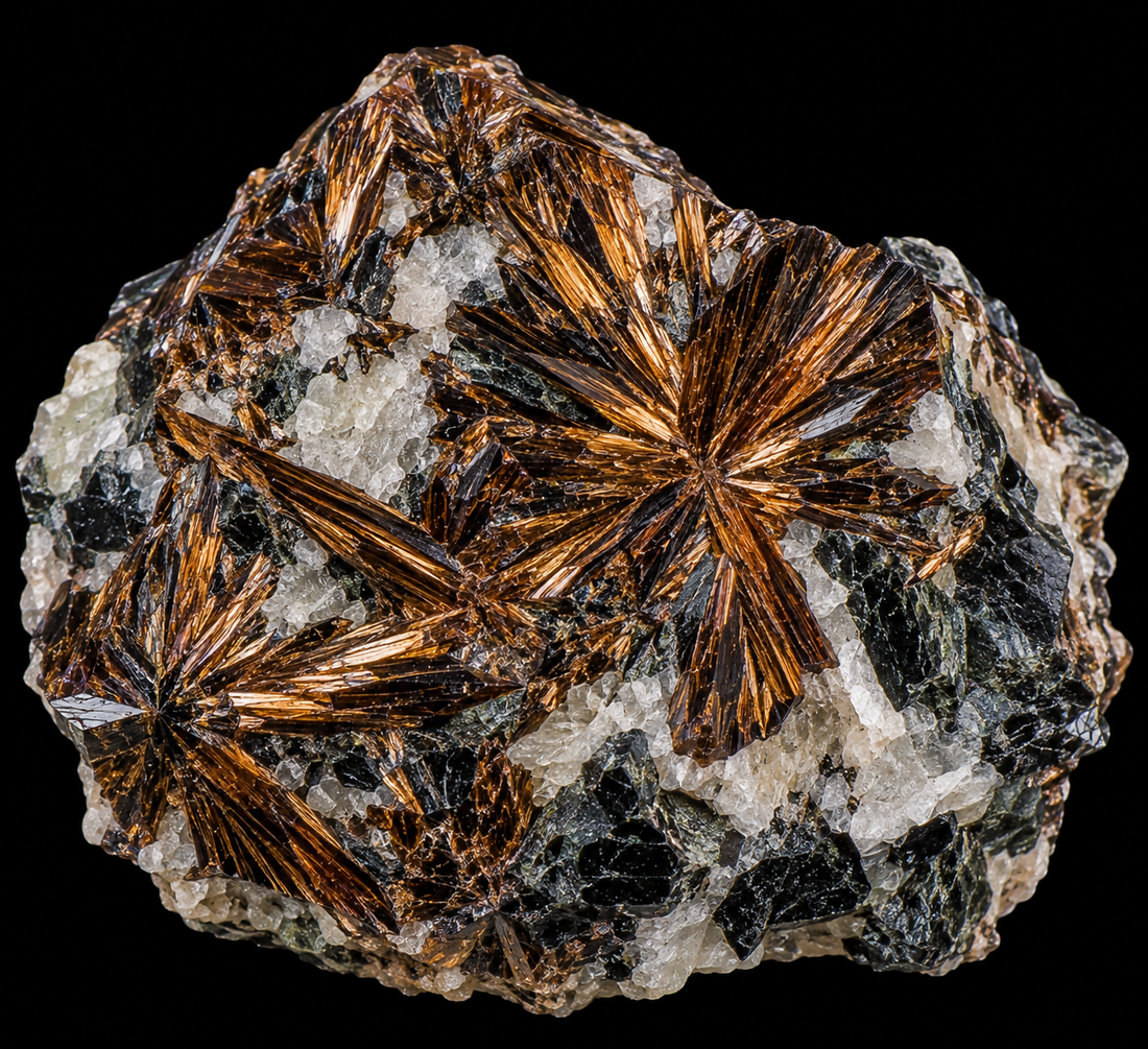 Astrophyllite naturel sur fond noir.
