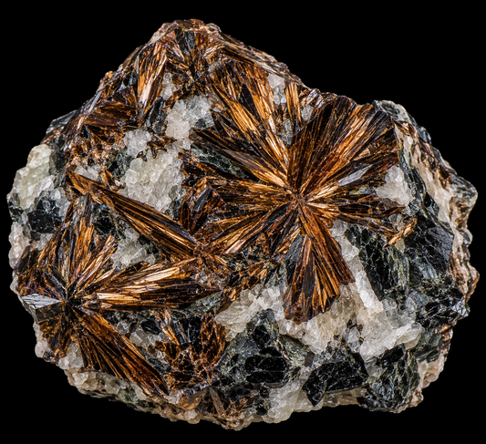 Astrophyllite naturel sur fond noir.