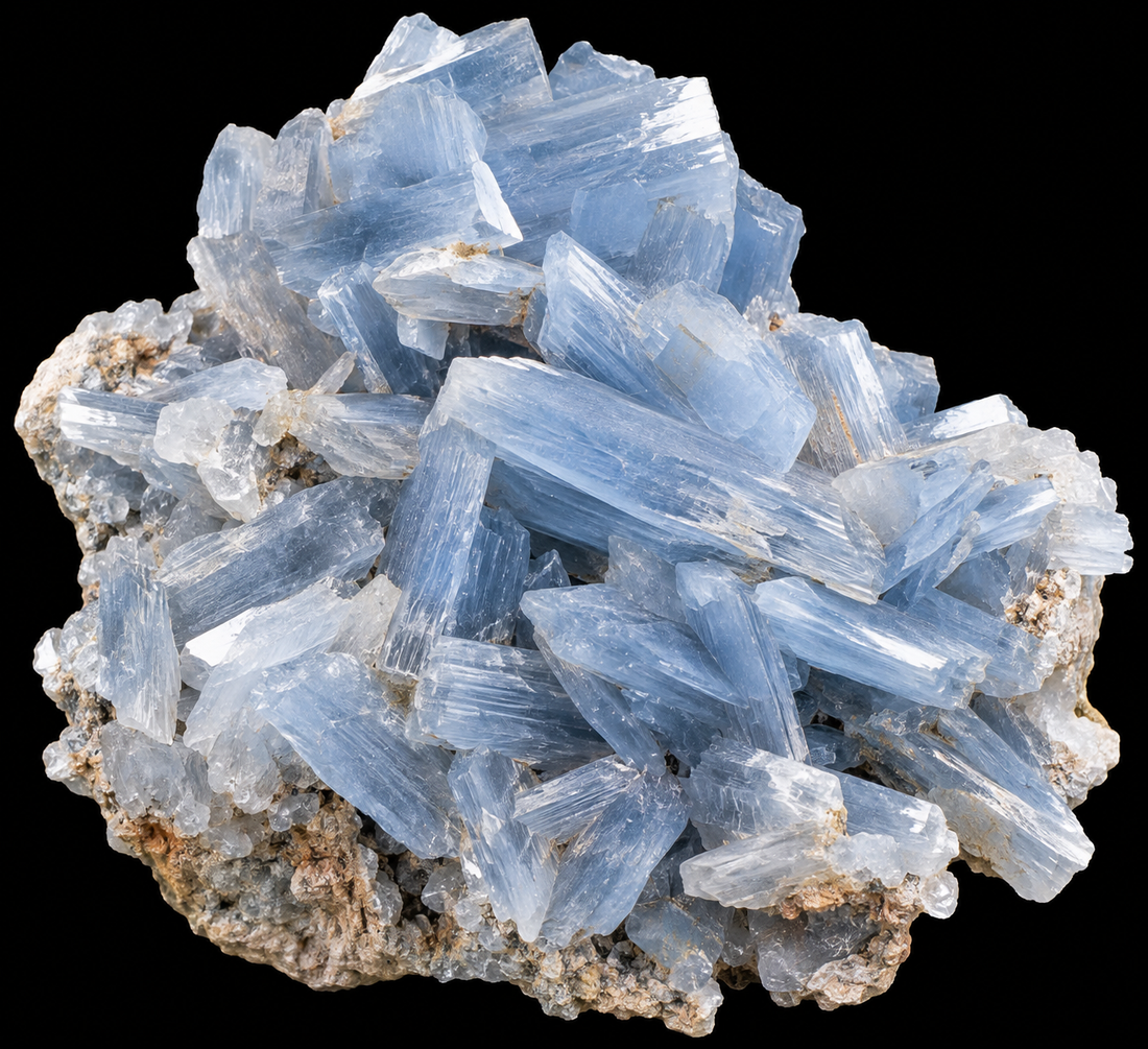 Barytine bleue naturelle sur fond noir.