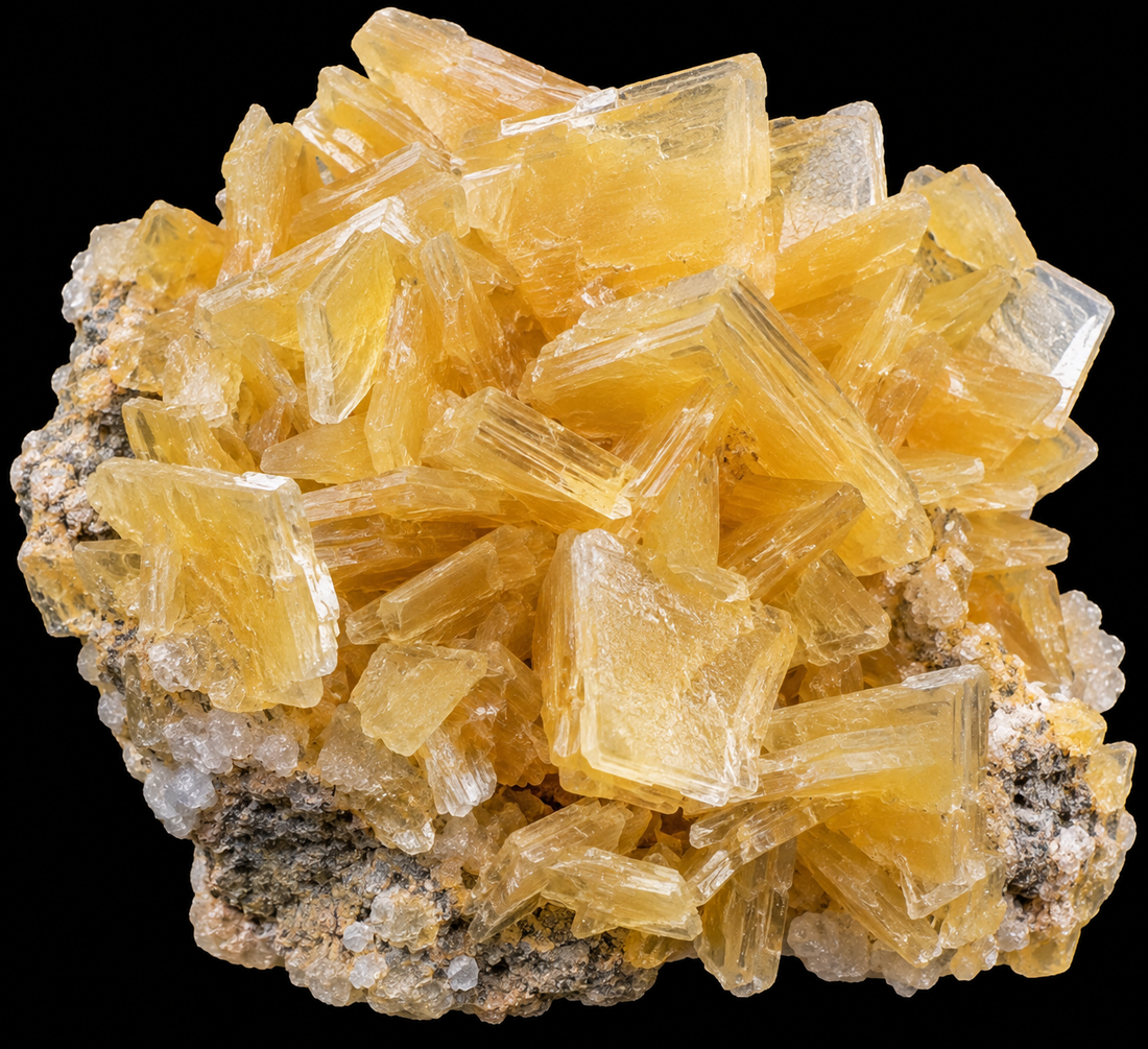 Barytine jaune naturelle sur fond noir.