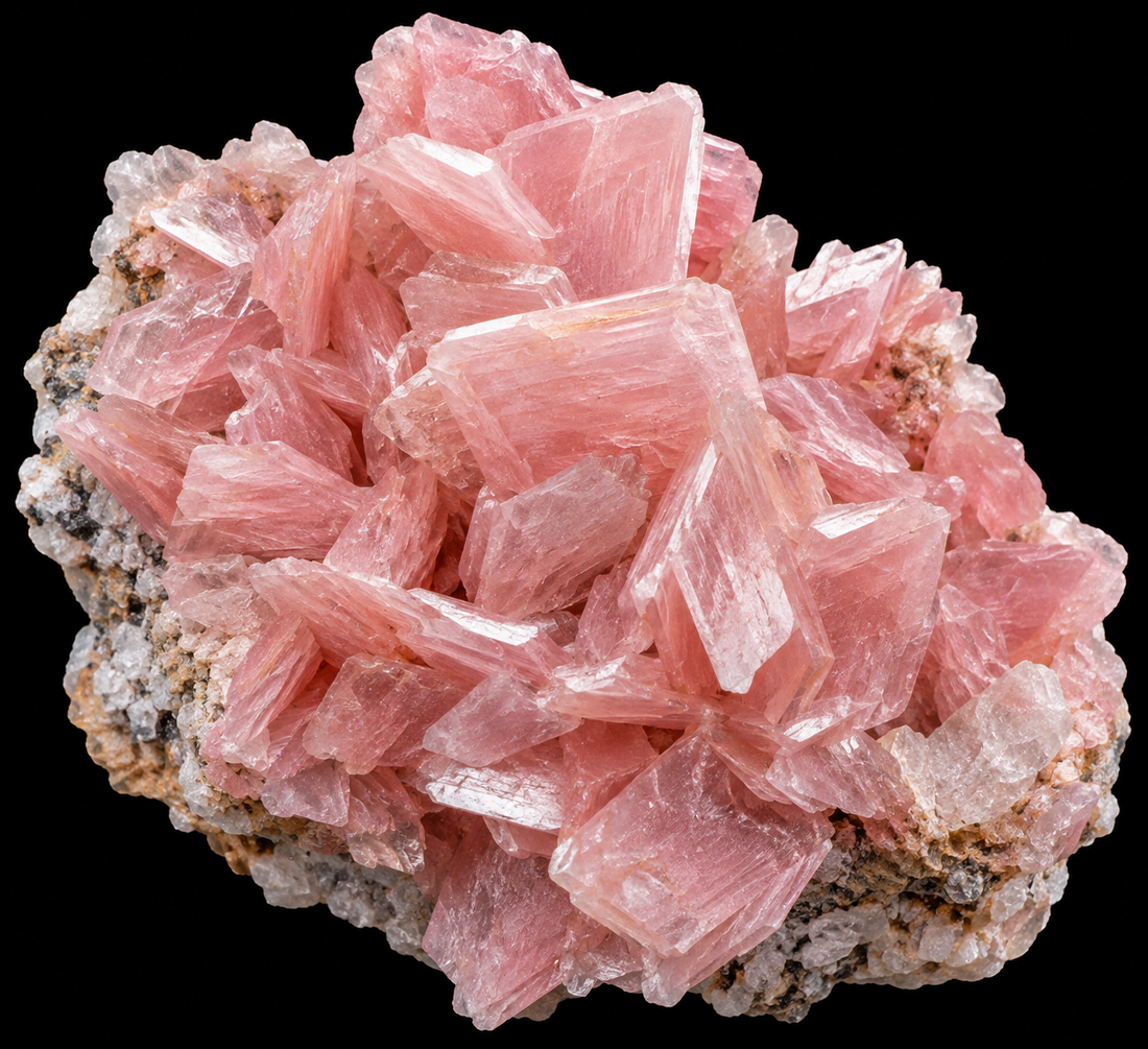 Barytine rose naturelle sur fond noir.