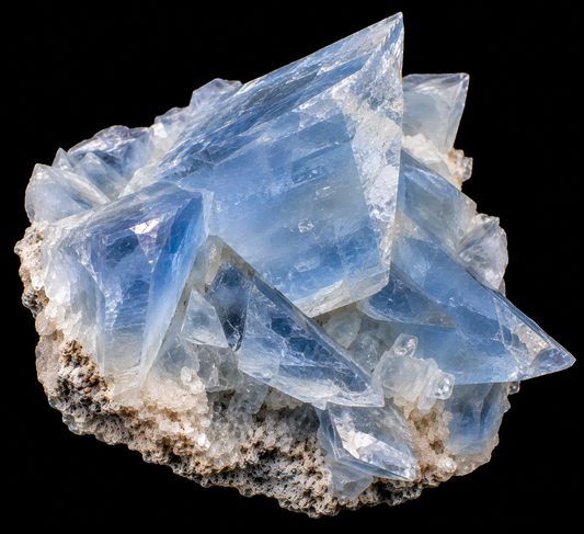 Calcite bleue naturelle sur fond noir.