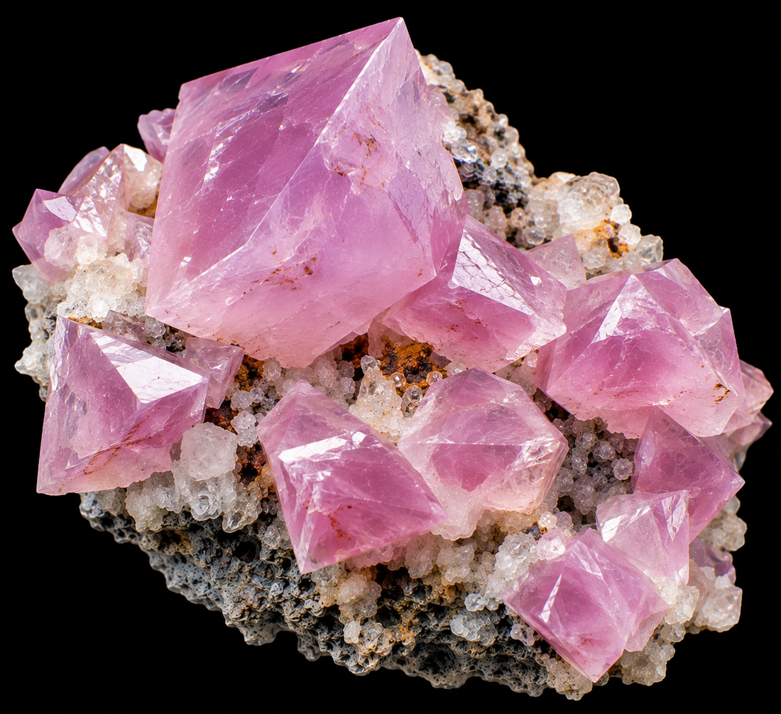 Calcite cobaltifère naturelle sur fond noir.
