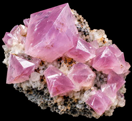 Calcite cobaltifère naturelle sur fond noir.