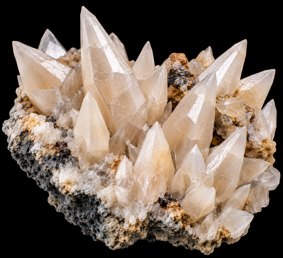 Calcite dent-de-chien naturelle sur fond noir.