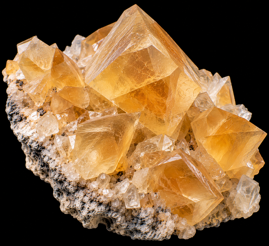 Calcite miel naturelle sur fond noir.