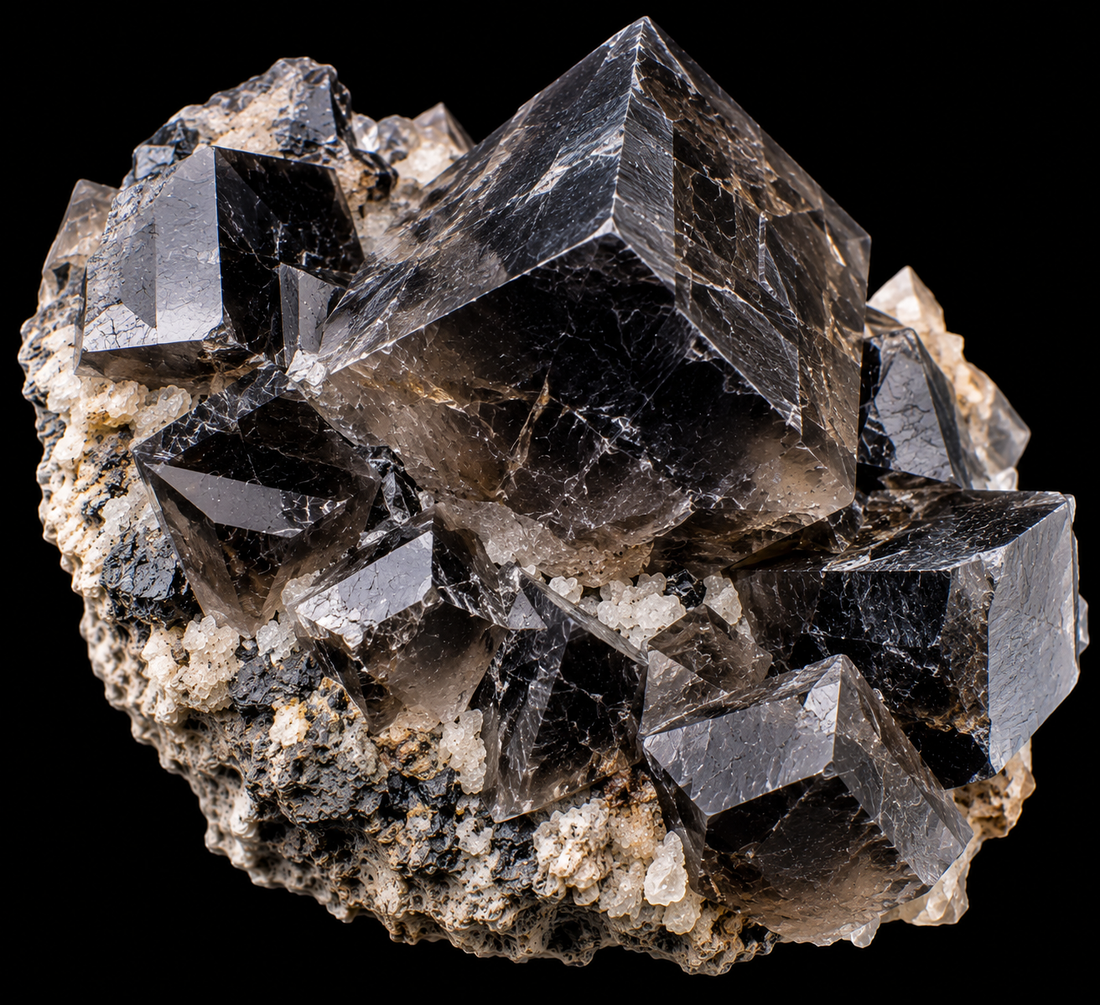 Calcite noire naturelle sur fond noir.