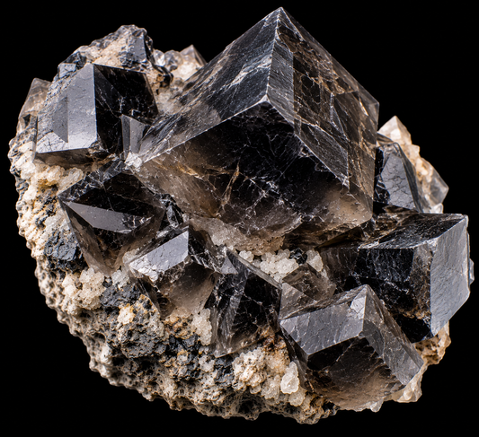Calcite noire naturelle sur fond noir.