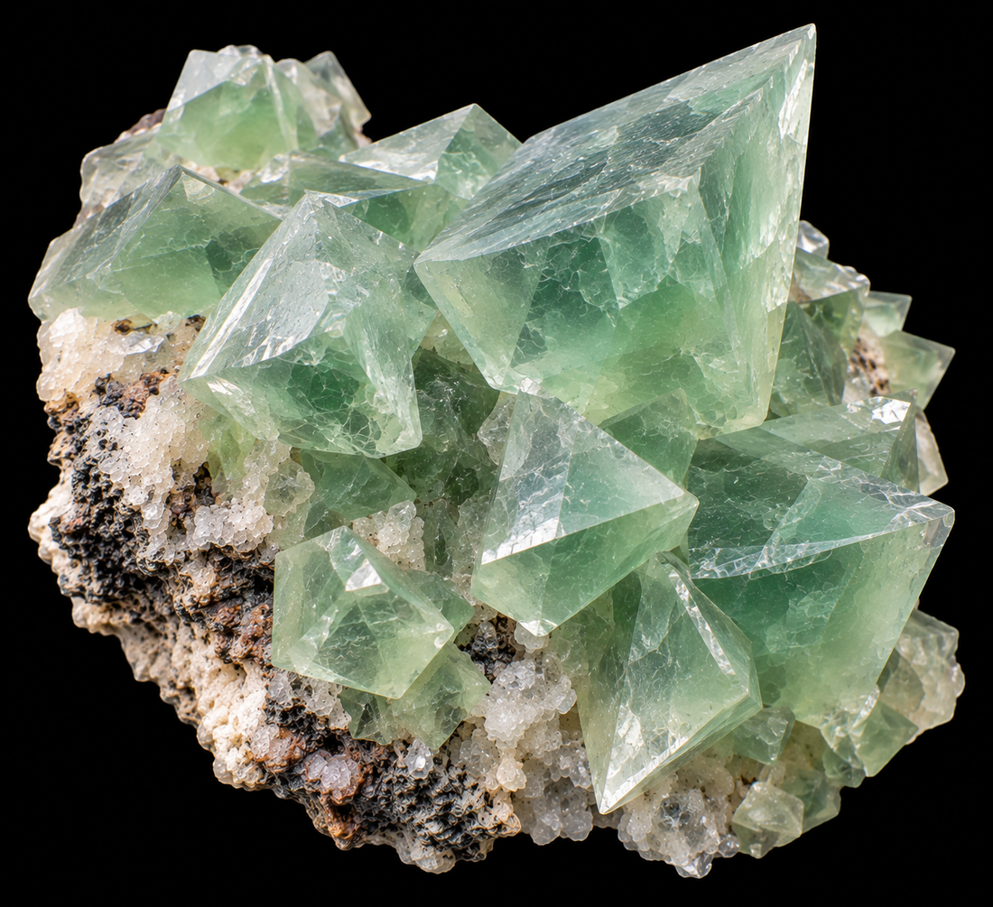 Calcite verte naturelle sur fond noir.