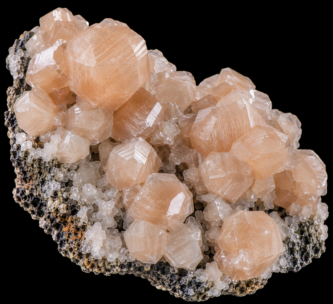 Chabazite naturelle sur fond noir.