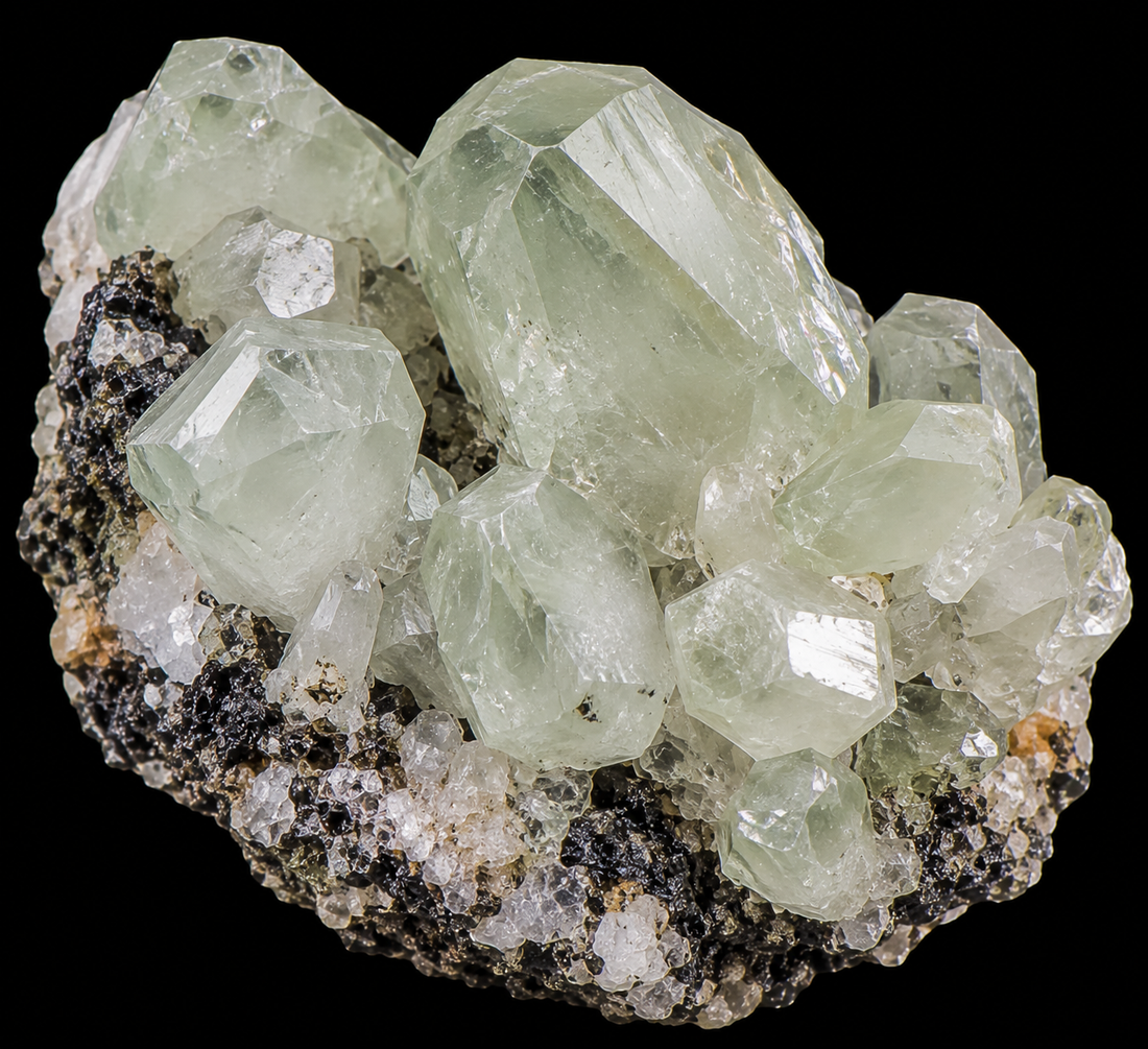 Datolite naturelle sur fond noir.