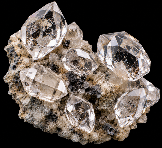 Diamant Herkimer naturel sur fond noir.