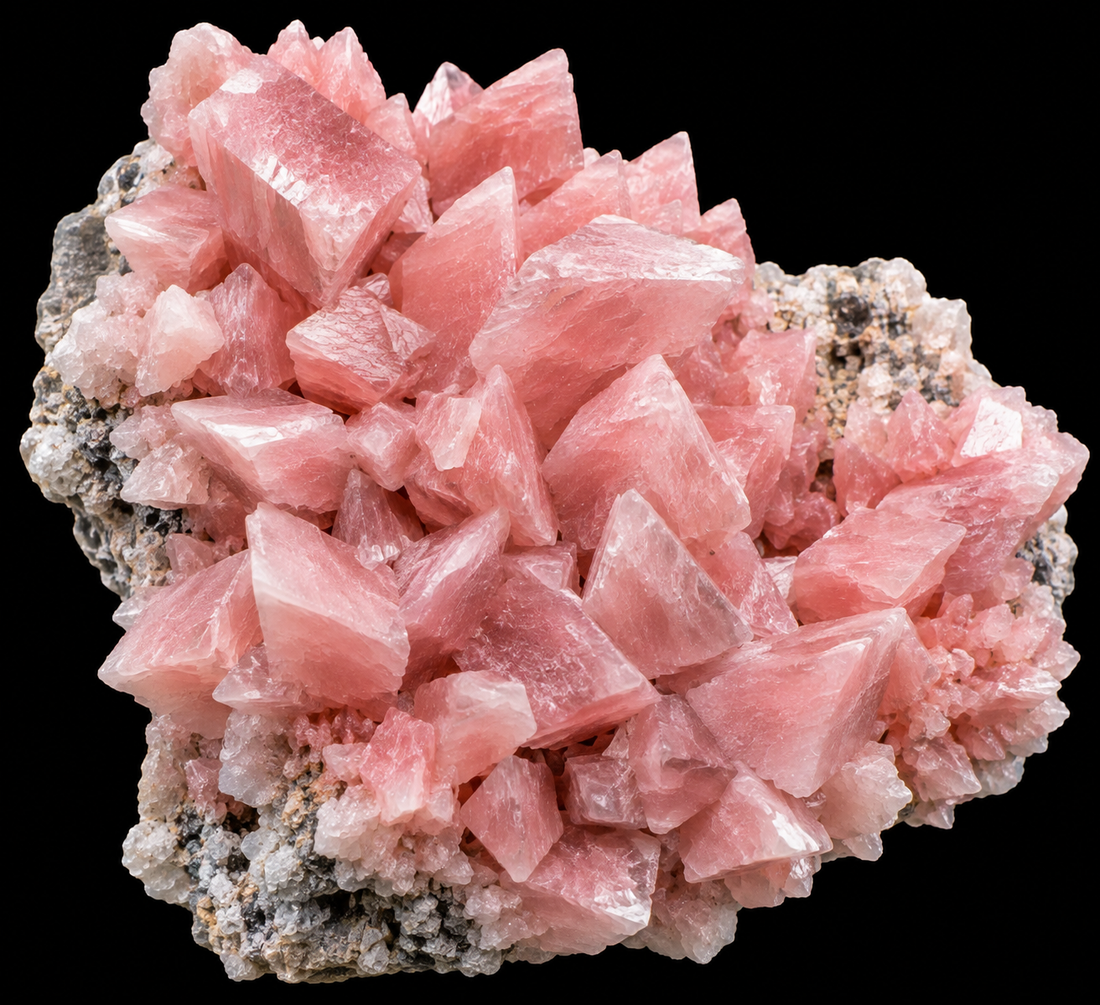 Dolomite rose naturelle sur fond noir.