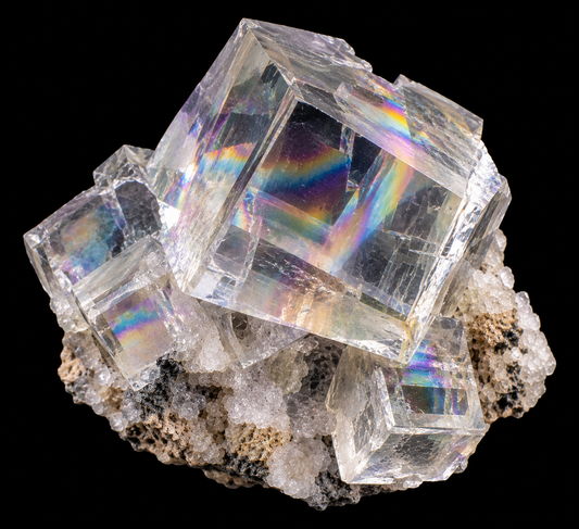 Fluorite optique naturelle sur fond noir.