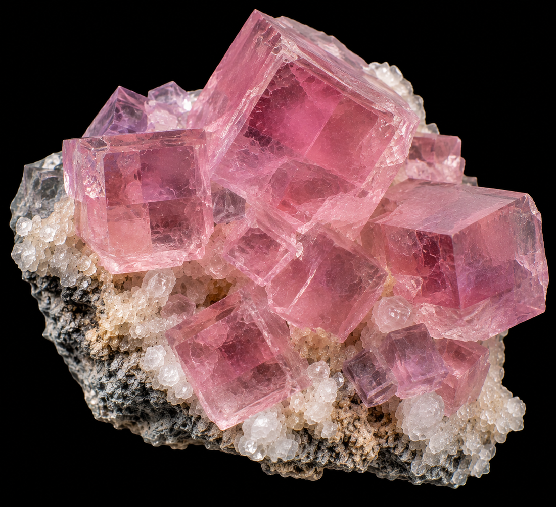 Fluorite rose naturelle sur fond noir.