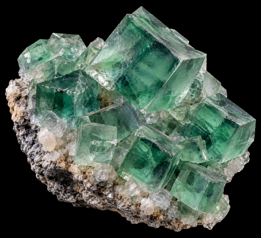 Fluorite verte naturelle sur fond noir.