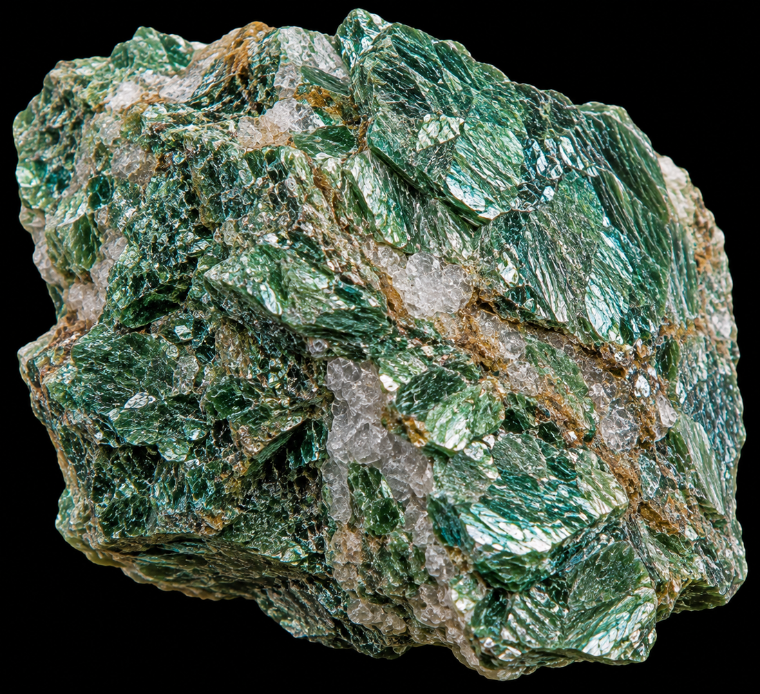Fuchsite naturelle sur fond noir.