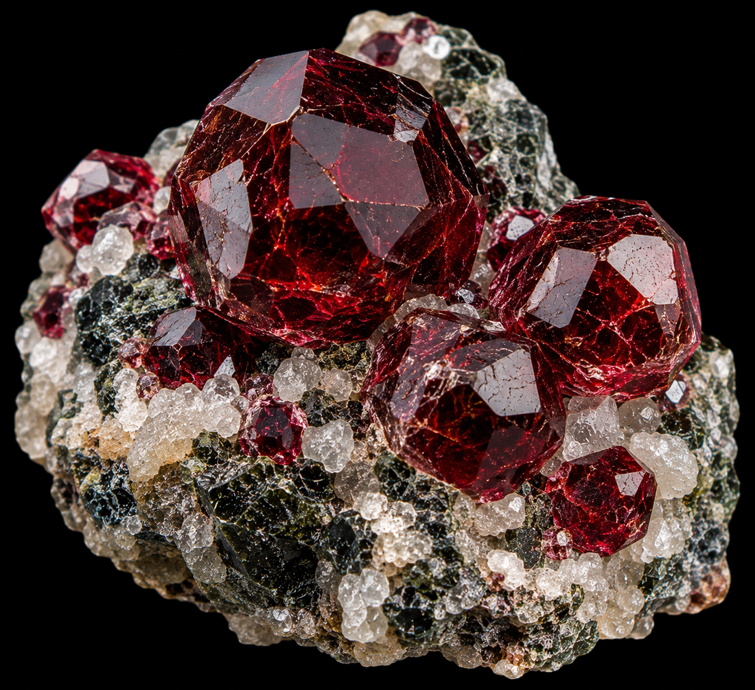 Grenat chrome-pyrope naturel sur fond noir.