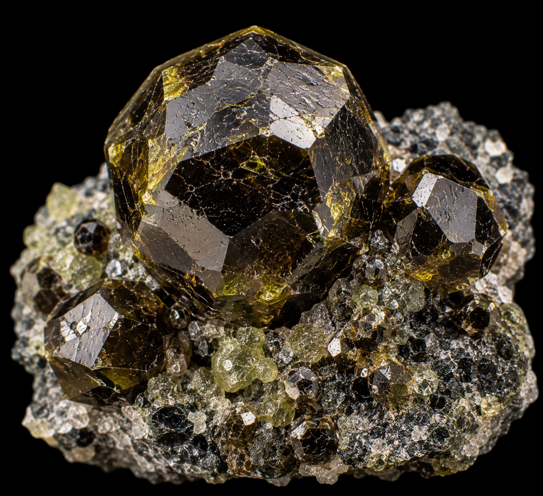 Grenat andradite sur fond noir.