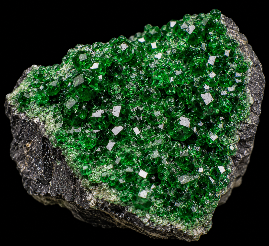 Grenat uvarovite sur fond noir.