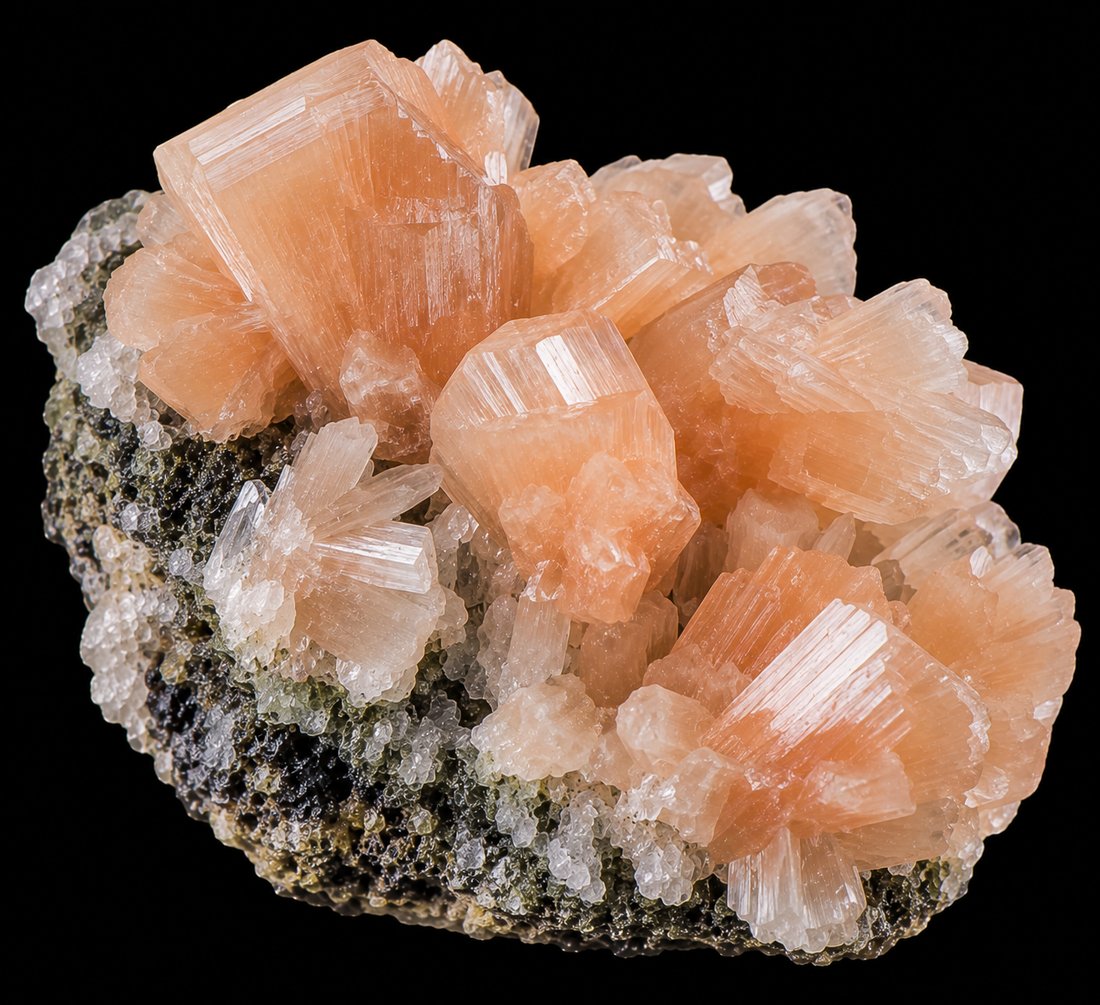 Heulandite naturelle sur fond noir.