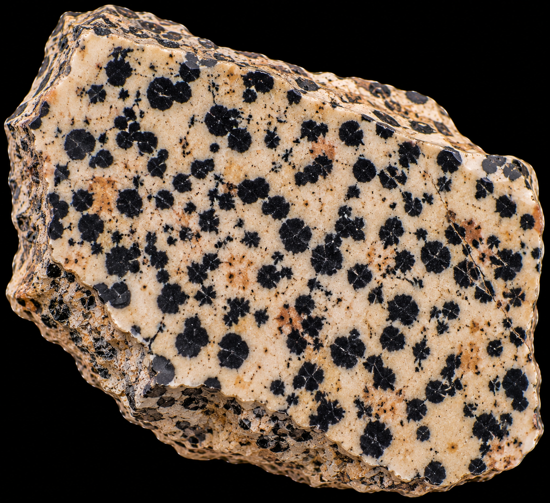 Jaspe dalmatien naturel sur fond noir.