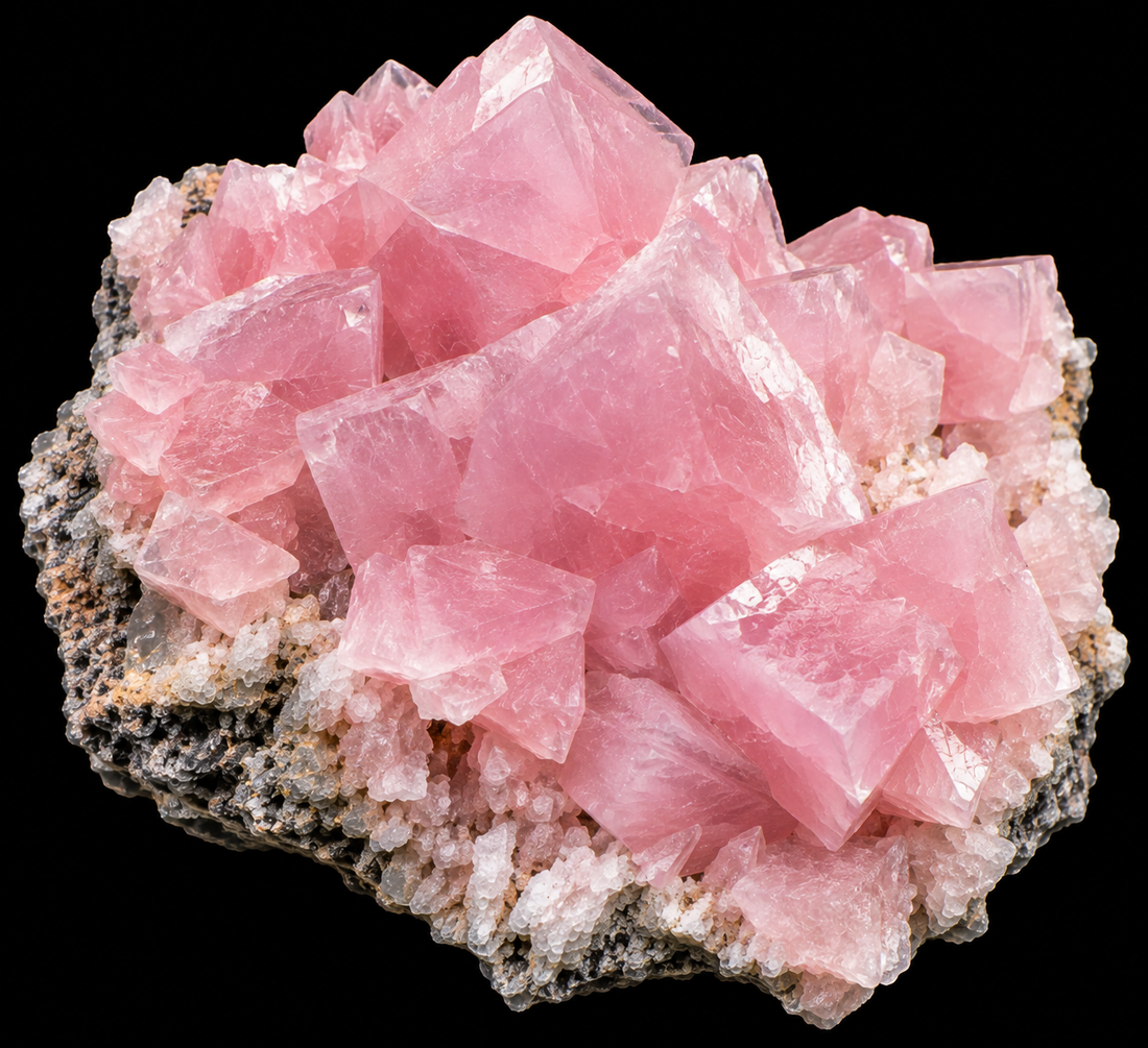 Manganocalcite naturelle sur fond noir.